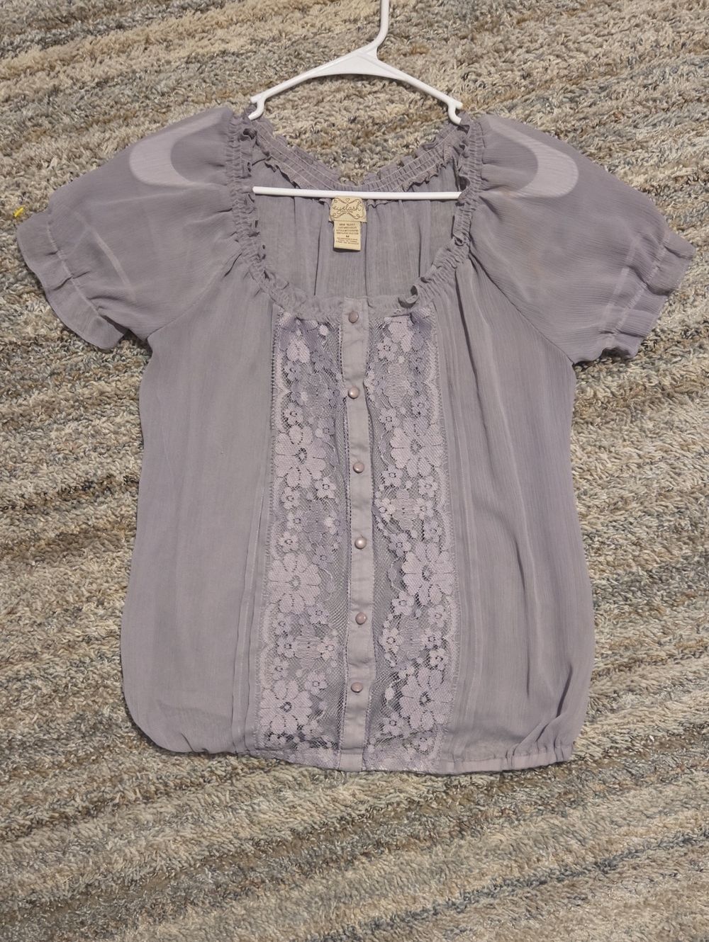 eyelash couture Lavende-gray Lace-Front Short Sleeve Blouse